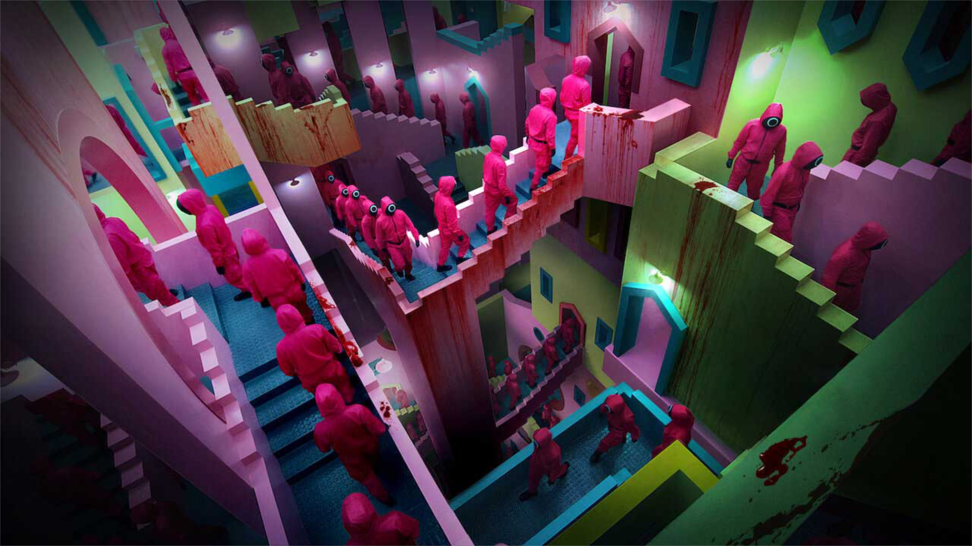 Les escaliers de Squid Game les gardes de Squid Game marchent sur plusieurs escaliers dans
tous les sens et de toutes les couleurs